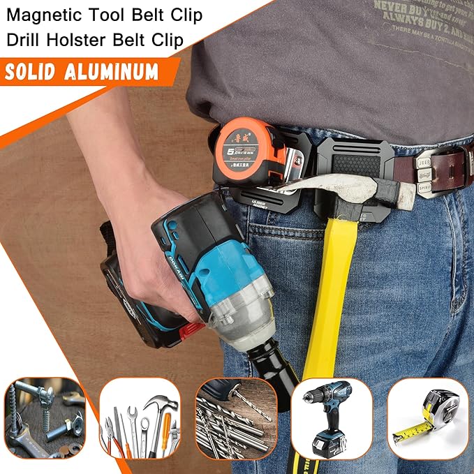 ULIBERMAGNET Tool Holster Kit,Magnetic Tool Holster & Drill Holder Belt Clip,Solid Aluminum Tools Holder Belt Clip for Screw,Wrench, Impact Driver,Cordless Drill,Tape Measure,Hammer,Nails