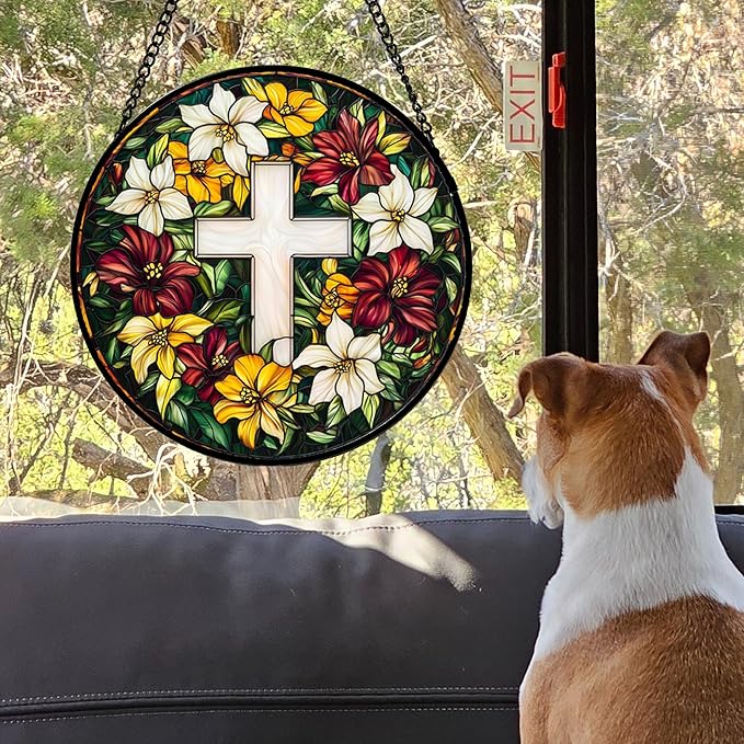 Stained Glass Window Hanging, Cross Flowers Sun Catchers Colorful Glass Panel Christianity Suncatcher Decor for Birthday for Women, Men, Wife, Aunt, and Mom 14.9x14.9 in