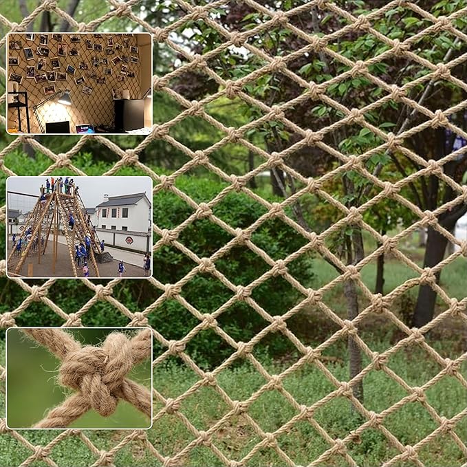 Safety Hemp Rope Net Kids Climbing Tree House Children Netting Balcony Stairs Fence Railing Garden Playground Protection Heavy Duty Indoor & Outdoor Decor Rope Net 10mm/10cm 3.3x16.4ft(1x5m)