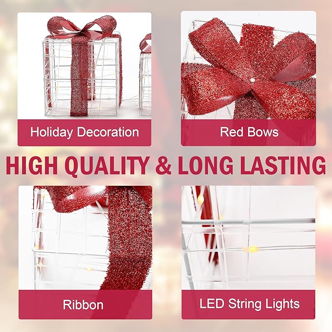 LuxenHome Set of 3 Lighted Gift Boxes, Plug-in Prelit Boxes with Red Ribbon Bows for Xmas Holiday Display, Lawn, Porch, Under Tree Indoor, Outdoor Christmas Decoration.