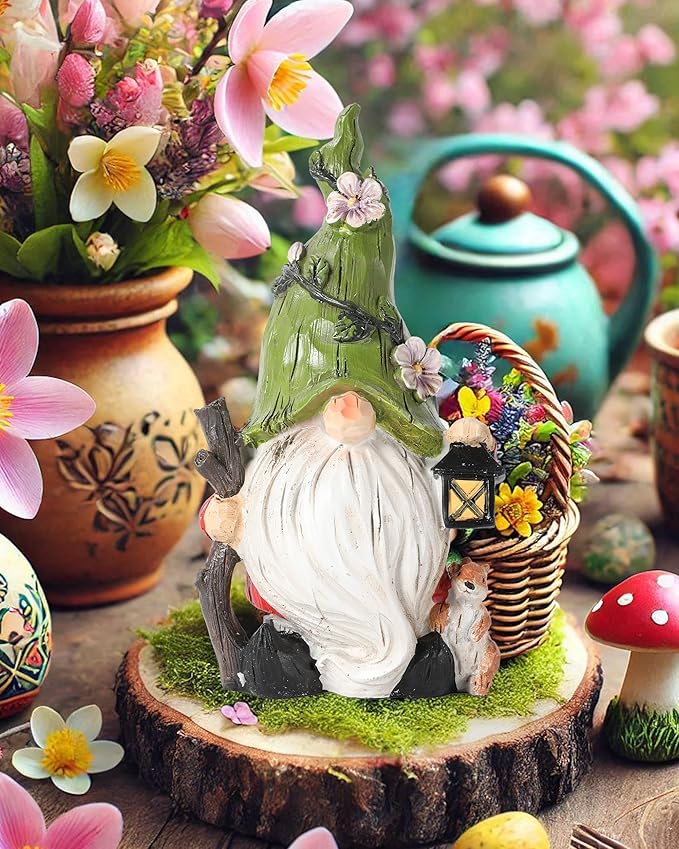 Hand-Painted Resin Garden Gnome with Squirrel Figurine - 9.1" Tall Summer and Spring Decorations for Home, Yard, and Garden - Unique Gnome Gifts for All Ages (Green)