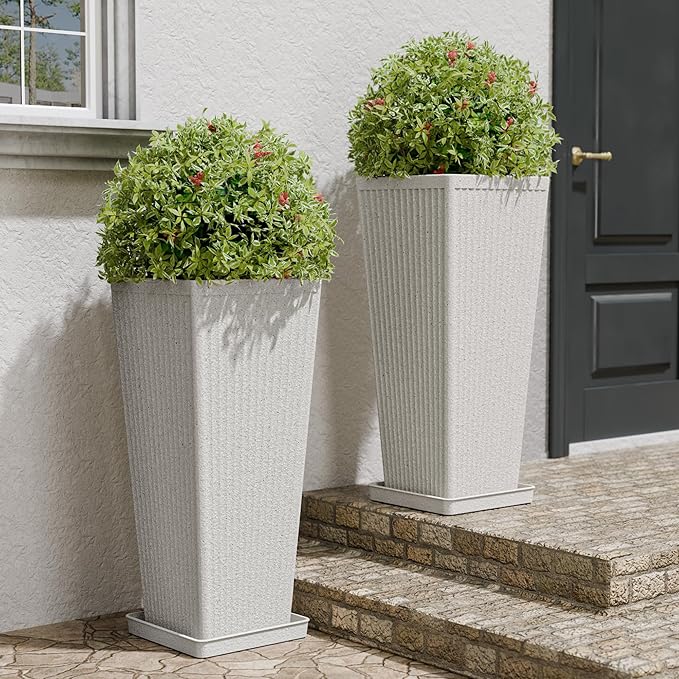 Tapered Tall Planters for Outdoor Plants 2 Pack- 23.6 Inch Heavy-Duty Classic Square Indoor Flower Pots with Drainage Holes/Partition/Tray, Large Outdoor Planters for Porch Patio, White