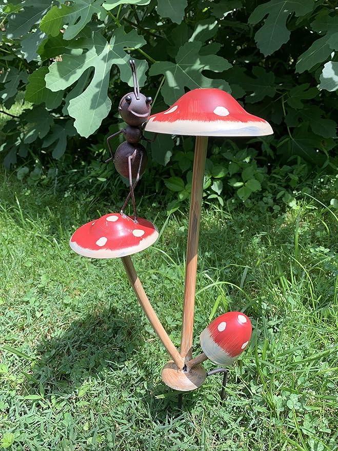 Zaer Ltd. Metal Ants on Mushrooms Short Garden/Pot Stake (1 Ant, Standing)
