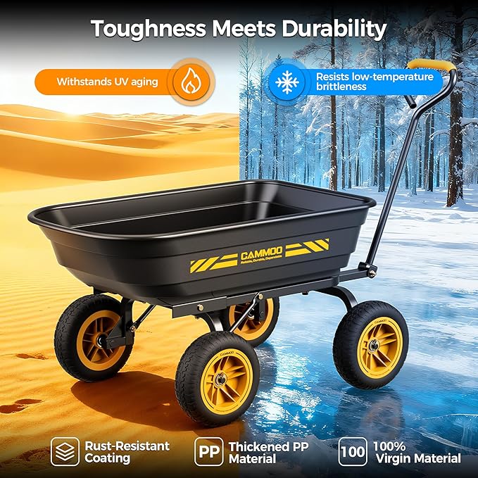 10-in NO-FLAT TIRES 600lb Heavy-Duty Garden Dump Cart 4 Cu.Ft. Utility Wagon with Quick-Release Dumping & Prime Grade 100% Virgin Polypropylene - Not Recycled Material for Landscaping Gardening