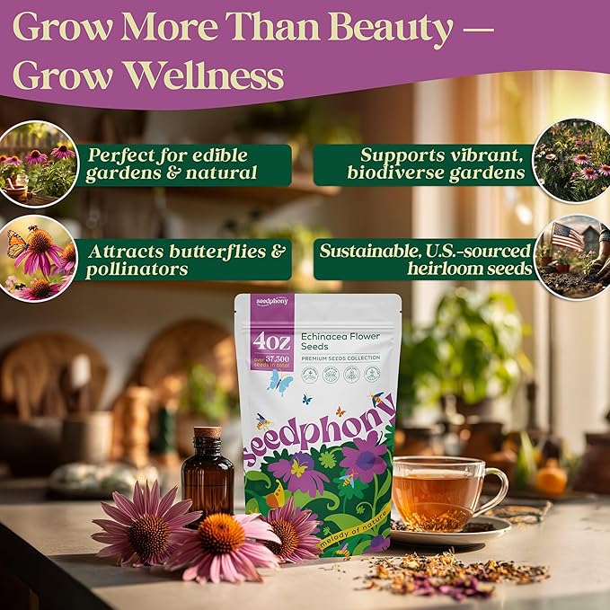 Echinacea Seed Pack 4 oz - 37,500 Non-GMO Heirloom Echinacea Seeds for Planting, Perennial Flowers in Waterproof Seed Packet, Coneflower Seeds for Planting Garden Indoor & Outdoor Gardening