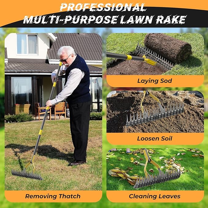 Thatch Rake, 19-Tine Lawn Leveling Dethatcher Rake with Long Adjustable Steel Metal Handle, 70" Gardening Tools for Loosen The Soil,Laying Sod, Removing Thatch and Cleaning Leaves