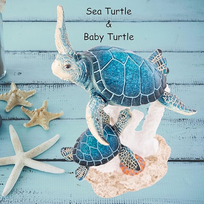 Sea Turtle Decor Figurine Blue Turtles Swimming on Coral Reef Base Beach House Coastal Decor
