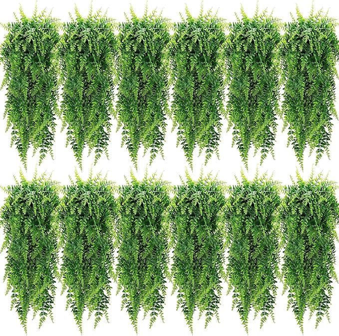Geosar 12 Pcs Artificial Hanging Plants 32 Inch Hanging Boston Ferns Plastic Fake Plants for Wall Room Garden Wedding Garland Indoor Outdoor Decoration, No Basket