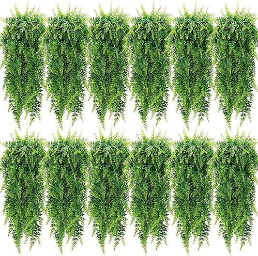 Geosar 12 Pcs Artificial Hanging Plants 32 Inch Hanging Boston Ferns Plastic Fake Plants for Wall Room Garden Wedding Garland Indoor Outdoor Decoration, No Basket