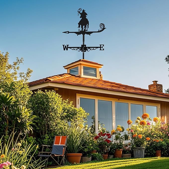 Cowboy Weather Vane, Black Metal Weathervane Roof Mount, Wind Vane Ornament Decoration for Shed Garden Yard Farmhouse Patio Decor, Wind Direction Indicators Wind Measuring Tool Outdoor