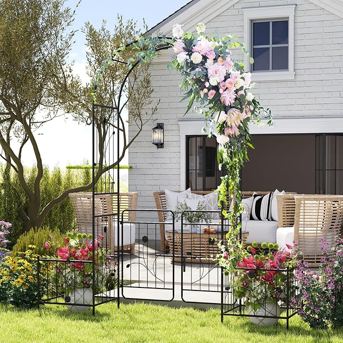 Giantex Garden Arch with Planter - 86 inch Metal Garden Arbor with Gate, Arch Trellis for Climbing Plants Rose, Wedding Archway Pergola for Lawn Patio Bridal Party Decoration