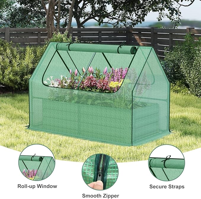 Aoodor Raised Garden Bed Kit, 4x2x1 FT Galvanized Planter Box with PE Cover, Screen Windows for Gardening, Green
