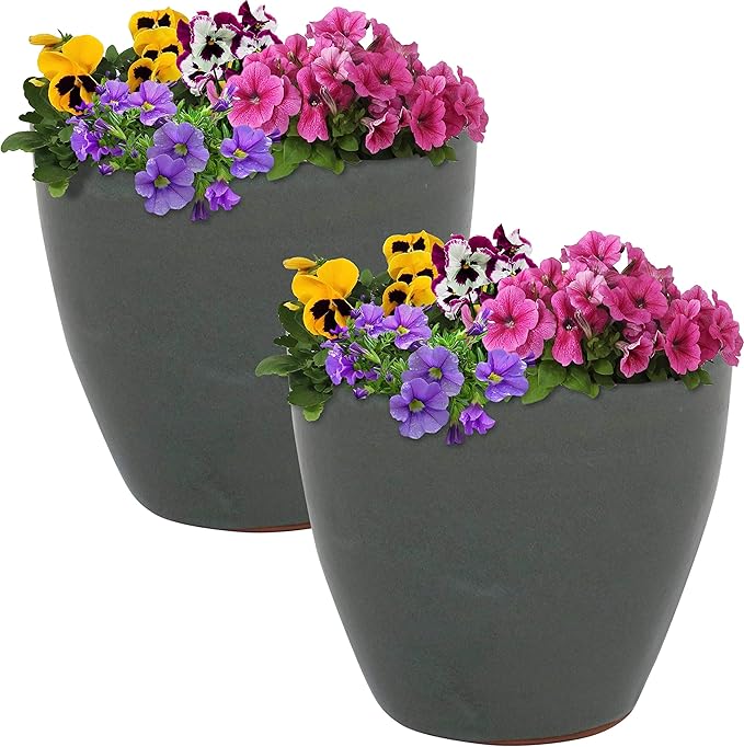 Sunnydaze Resort Round Ceramic Planter - Set of 2 Indoor or Outdoor Plant Pots with Drainage Hole - 8" - Gray Glaze