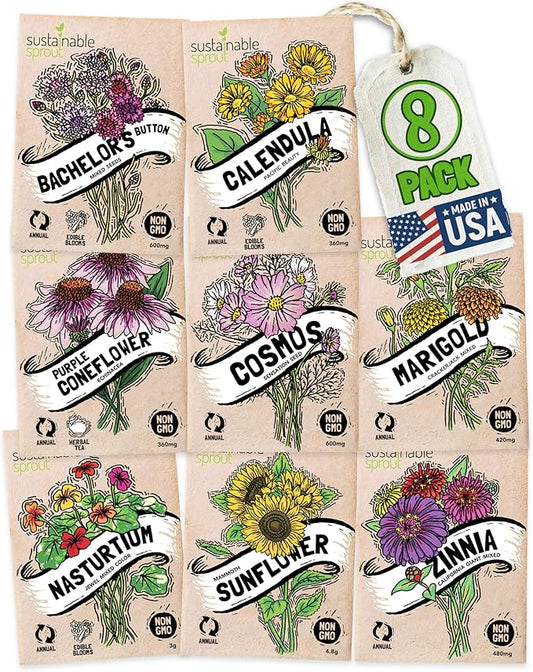 Seeds for Planting Flowers: 8 Bulk Variety Packets Zinnia, Nasturtium, Marigold, Purple Coneflower, Cosmos, Calendula, Bachelor's Button & Sunflower Seeds, Non GMO Flower Seed by Sustainable Sprout