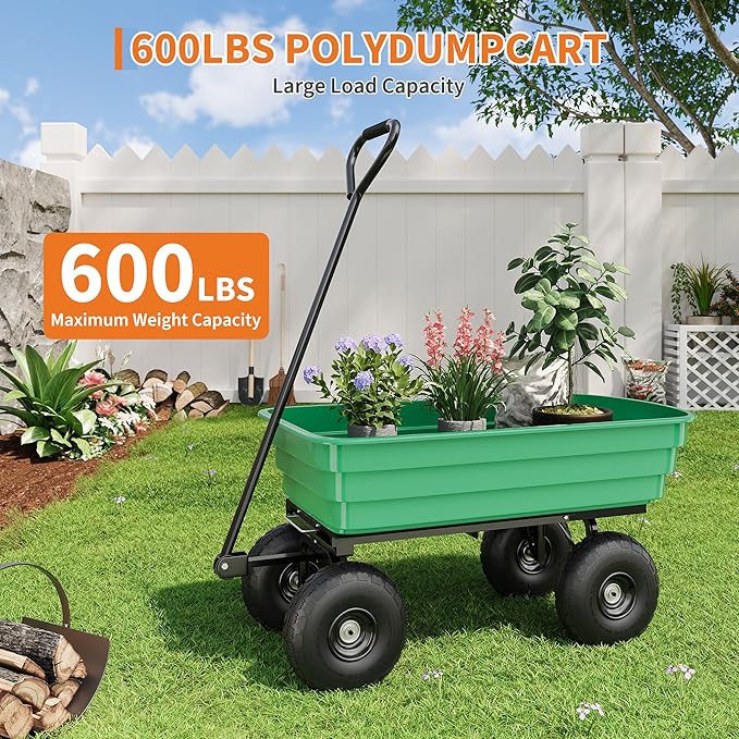 4 Cu.Ft. 600Lbs Garden Cart Dump Wagon, Heavy-Duty 4 Wheel Wheelbarrow Yard Cart with 10-Inch All-Terrain Wheels, Features A Quick-Release Tipping Function, for Courtyards, Farm and Gardening