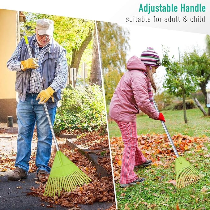Colwelt Plastic Leaf Rake with 56'' Lightweight Stainless Steel Handle, 22Tines Plastic Head & Garden Gloves for Collecting Loose Debris