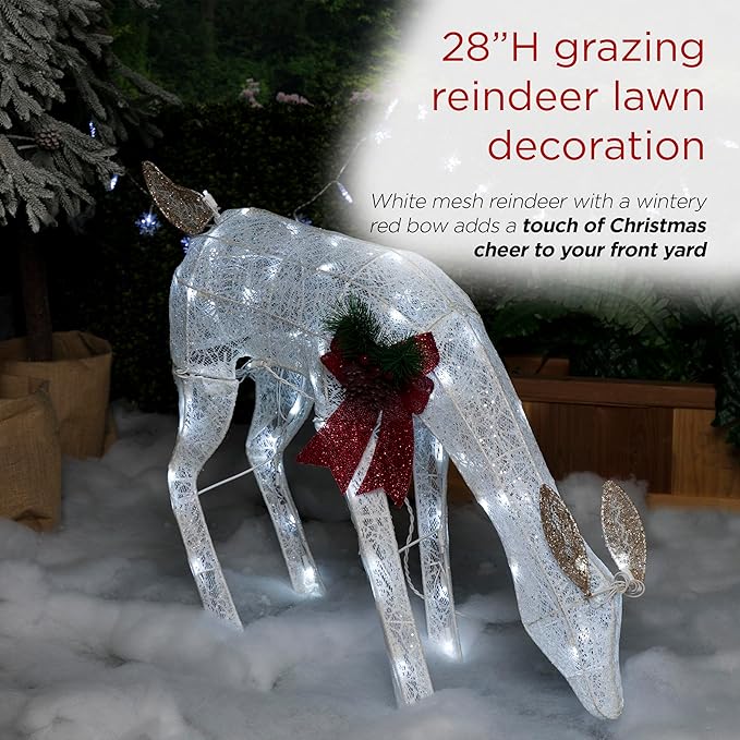 Alpine Corporation 28" H Mesh Grazing Holiday Reindeer Lawn Decoration with Cool White Lights, Christmas Decoration