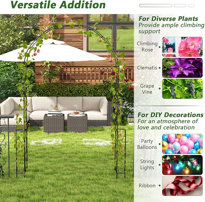 LDAILY 7.9 FT Garden Arch Trellis, Heavy Duty Arbor Pergola, Metal Frame Wedding Arch for Rose Clematis, Trellis for Climbing Plants Outdoor, Party, Ceremony, Garden, Yard, Home Decoration