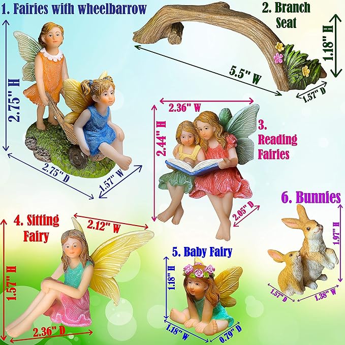 Mood Lab Fairy Garden - Miniature Family Kit Figurines & Accessories - Fairies Statue Set of 6 pcs - Outdoor or House Decor