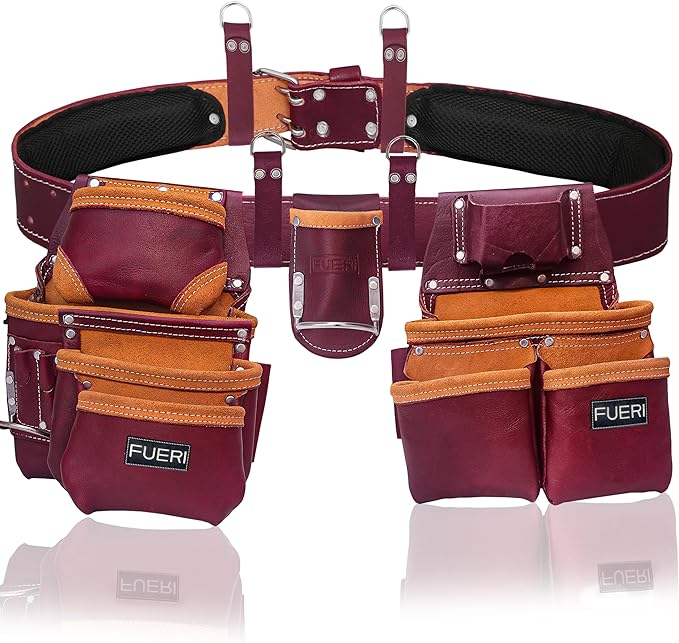 Heavy Duty 19 Pocket Leather Tool Belt Multipurpose Pockets Work Organizer Pouch Framing Fat Lip Tool Holder for Carpenter, Construction, Handyman, and Electrician Tool Belt Set