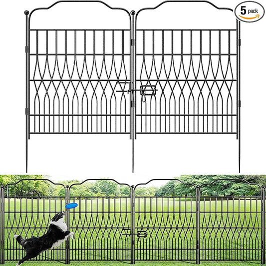 Bepatio 5 Panels Tall Garden Fence with Latch, 40in (H) x 11.5ft (L) Dog Fence Outdoor for Yard, Arc Metal Fencing Panels, Animal Barrier Fencing for Outdoor, Patio, Flower Bed