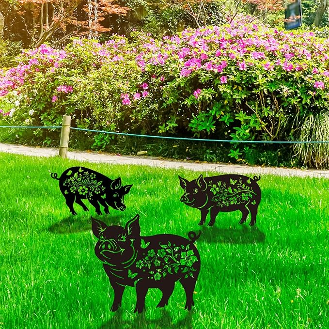 Pig Decorative Garden Stakes Gifts, 3PCS Metal Pig Garden Statues Decor for Outside, Black Silhouette Yard Lawn Outdoor Gifts for Women Men Pig Lovers