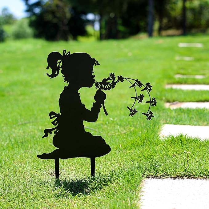 Dancing with Dandelions Garden Fairy - 9-Piece Metal Garden Statue Deals for Outdoor, Yard & Lawn - Whimsical Iron Fairy Sculptures Set (11.8 Inch) (Two Dandelion Girls)