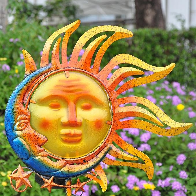 Solar Light Outdoor Garden Decoration Colorful Metal & Glass Sun Moon Star Garden Stake Decorative Waterproof Warm White LED Yard Decor for Pathway Lawn Patio Backyard