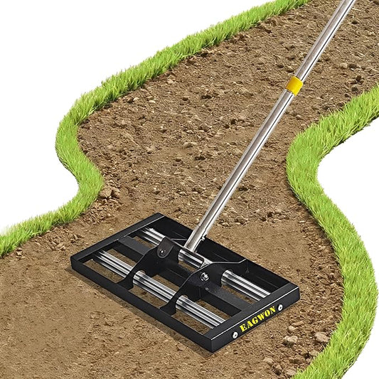 17"x10"Lawn Leveling Rake with Aluminum Rollers, Stainless Steel Yard Lawn Leveler Tool with Adjustable Long Handle, Yard Leveling Rake Suit, Levelawn Tool for Soil, Grass, Golf Course, Garden, Farm