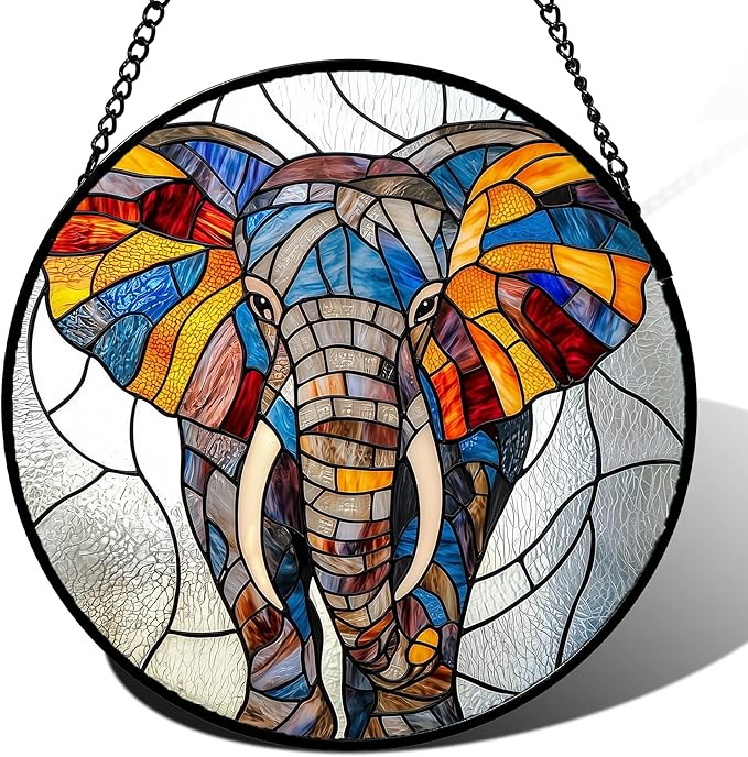 Stained Glass Window Hanging, Colorful Elephant Sun Catcher for Door Home Decor Animal Suncatcher Christmas Mother's Day Birthday Gifts for Women Men Mom and Nana 15 in