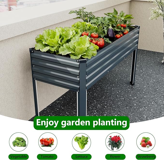 MGNO Galvanized Raised Garden Bed Outdoor with Legs,48×18×32in Metal Elevated Raised Planter Box for Backyard, Patio, Balcony, 300lb Capacity,Grey…
