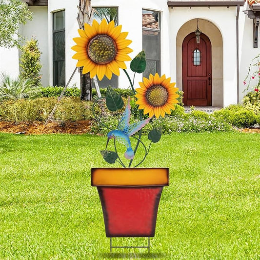 pearlstar Sunflower Decorative Garden Stake 44 Inches Large Metal Art Outdoor Yard Decor Flower Pot Design for Outside Garden Lawn Patio Proch Ornaments，Hummingbird