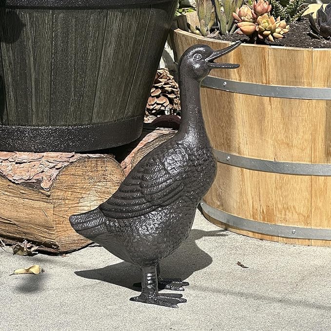 Cast Iron Duck Statue (15.7" Tall) - Heavy Duty Outdoor/Indoor Decor, Rust Brown Garden Art with Lifelike Feather Detailing, Weatherproof Bird Sculpture for Patio, Lawn & Home HC5387