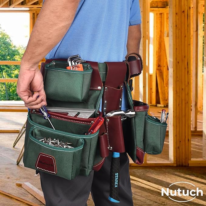 Nylon and Leather Tool Belt | Nylon Tool Pouch | Carpenter Tool Belt | Construction | Framers | Electrician Tool Belts | Drywall Tool Bags | Handyman | Electric (GREEN)