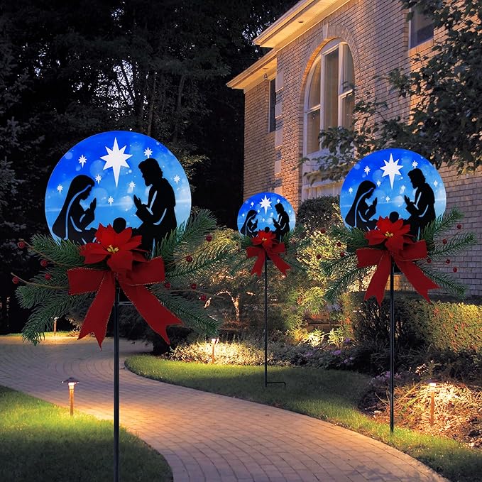 Nativity Scene Christmas Decorations Outdoor, 36" Jesus Solar Christmas Decor Metal Yard Stake, Outdoor Garden Decor Blue Stained Glass with Decorative Floral Christmas Decoration Gifts
