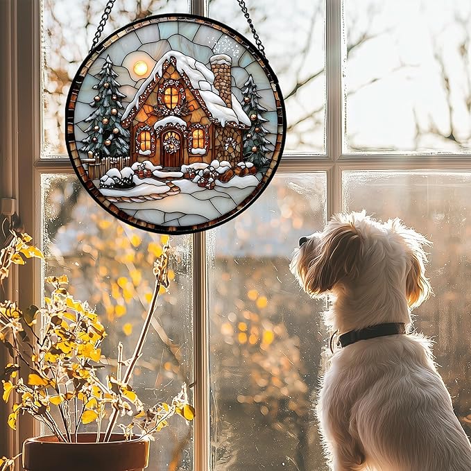 Stained Glass Window Hanging - Christmas Tree Cottage Sun Catcher for Door Garden Home Winter Decor Snowy Night Suncatcher Mother's Day Birthday Gifts for Women Men Mom Nana 15 in