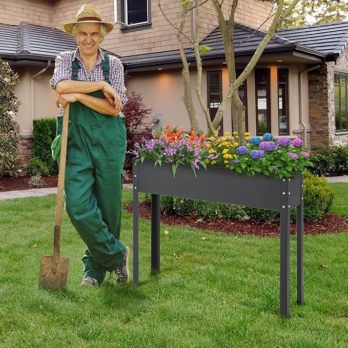 HAPPYGRILL Raised Garden Bed, 31.5” Elevated Planter Box w/Legs, Drainage Hole, Hemming Design, Metal Garden Box for Vegetable Herb, Outdoor Raised Beds for Gardening, Backyard Porch Balcony, Black