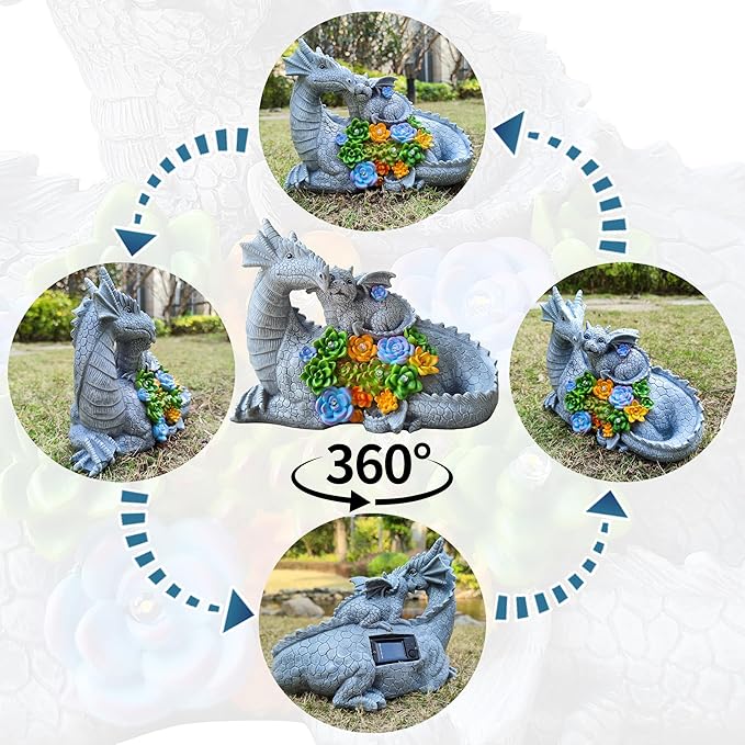Solar Garden Statues Dragon Figurine Lights, Gardens Statue with Succulents and 6 LED Lights Yard Decorations Outdoor, Solar Light Garden Decor Unique Birthday Housewarming Gifts for Mom