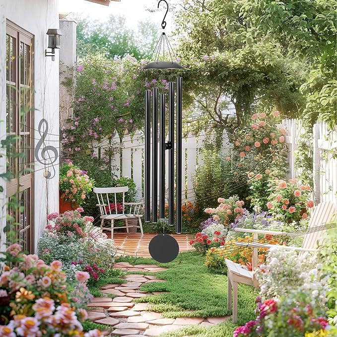 65" Extra Large Wind Chimes with Outside Deep Tone, 5 Thick and Bold Aluminum Tubes, Coolest Metal Windchimes Outdoors with Pine Wood Striker, Unique Gift for Mom, Garden Decoration(Black)