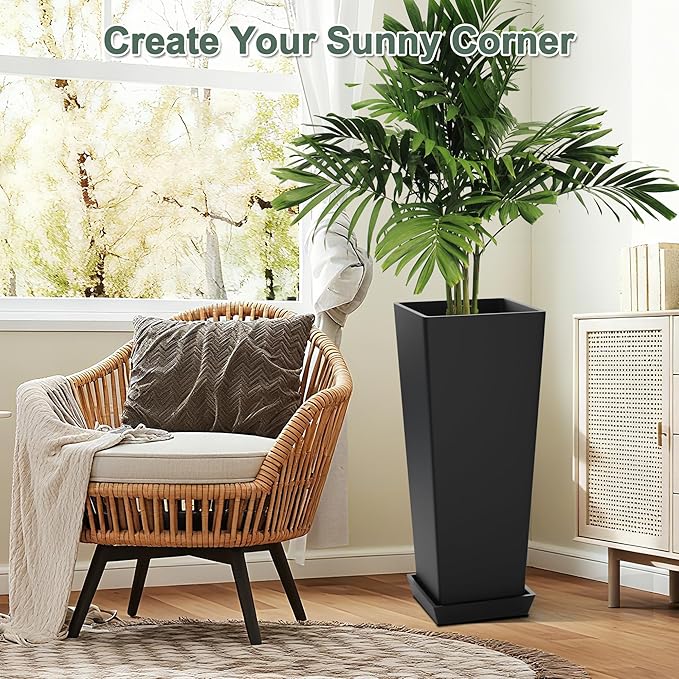24" Set of 2 Tall Planters, Large Outdoor Flower Pots with Drainage Tray Modern Indoor Tapered Planter for Patio, Garden, Front Porch, Backyard (Black)