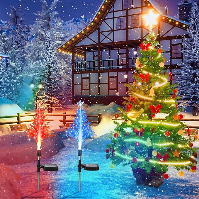 Baquler 2 Pcs Solar Christmas Tree Garden Stake Lights Outdoor Christmas Tree Lighted Yard Decorations Multicolor LED Solar Stakes for Pathway Lawn Patio Xmas Ornament(Classic Style)