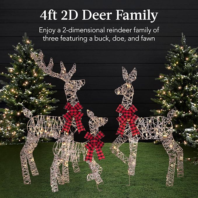 Best Choice Products 4ft 3-Piece 2D Lighted Christmas Deer Family Set, Large Outdoor Yard Reindeer Holiday Decoration with 175 LED Lights, Stakes, Zip Ties - Rattan