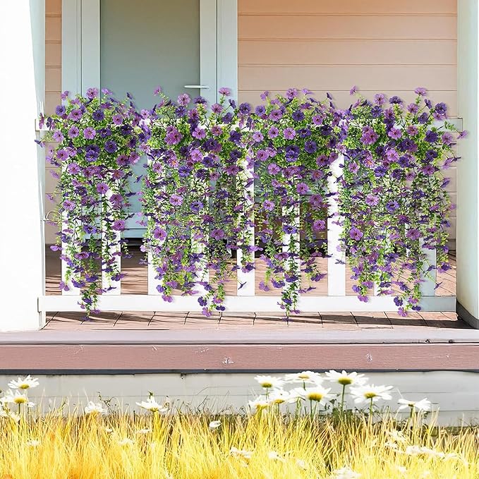 Artificial Faux Hanging Flowers Plants for Outdoor Decor 2 PCS Outside Fake Mums Violets with Eucalyptus UV Resistant Realistic Daisy Trailing Vines for Yard Balcony Porch Decor (Double Purple)