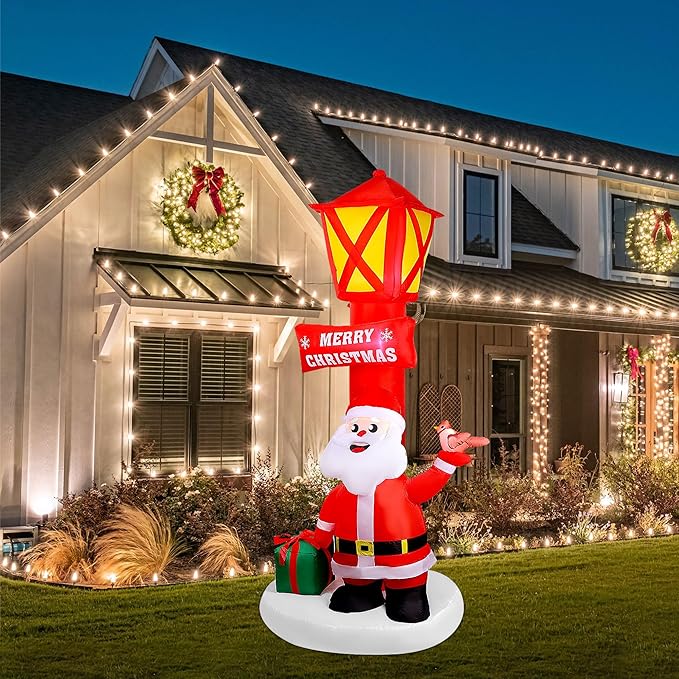 8FT Christmas Inflatable Yard Decoration, Giant Blow Up Lighthouse with Santa and Redbird with Built-in LED Lights for Front Door Lawn Garden Holiday Display Indoor Outdoor Decor