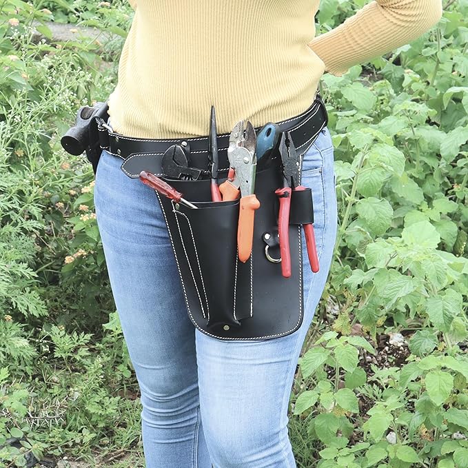Handmade Full Grain Genuine Leather Florist Tool Belt for Construction, Gardening, Electrician - Waist Pouch with Pockets (Black)