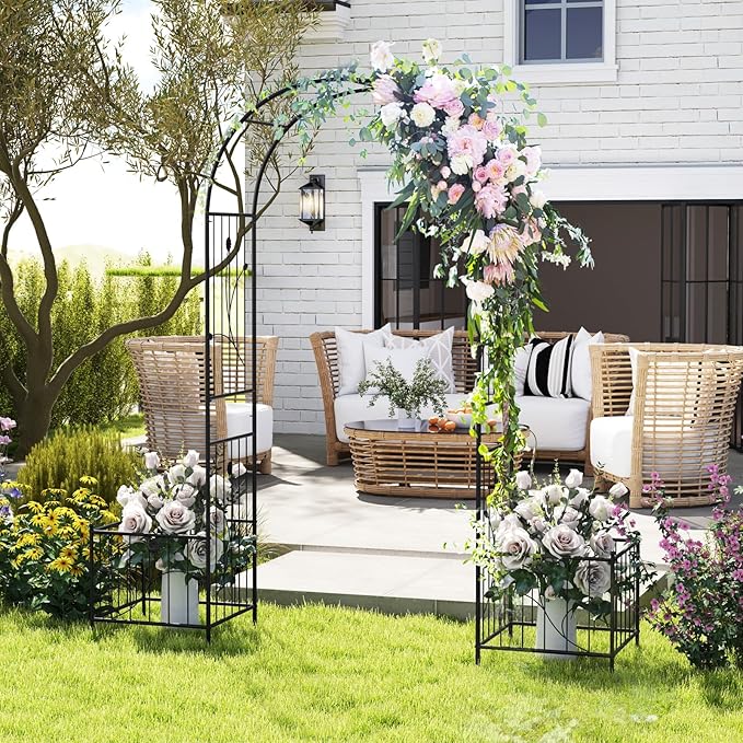 Giantex Garden Arch Trellis with Planters, 86'' Metal Arbor Pergola for Climbing Plants Rose, Heavy-Duty Outdoor Archway for Wedding Party Ceremony Pathway Garden Yard Lawn Decoration
