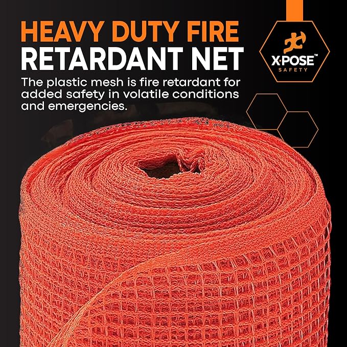 Xpose Safety Construction Safety Debris Netting - 150 Ft Temporary Material Roll, 1/4" Mesh Scaffold Net Enclosure, Visibility Barrier, Fencing Roll, Heavy Duty Fire Retardant 5.5 ft x 150 ft, Orange
