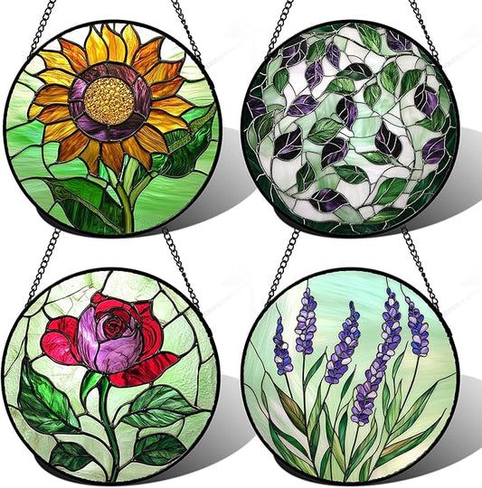 Stained Glass Window Hanging 4 Pcs Set Red Roses Yellow Sunflowers Large 11.8" - Flower Suncatcher Door Garden Sun Catcher Decor Birthday Mother's Day for Mom Woman Nana Girl