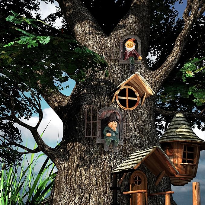 2 Pieces Gnome Statue Elf Out The Door Hugger Garden Peeker Yard Art Tree Sculpture Tree Gnome Decoration Outdoor for Patio Yard Lawn Porch Ornament