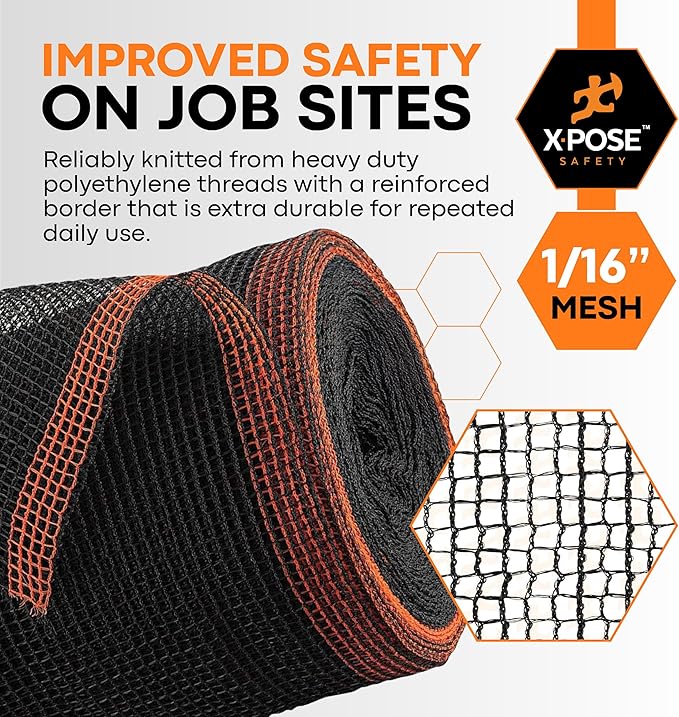 Xpose Safety Construction Safety Debris Netting - Temporary Material Roll, Mesh Scaffold Net Enclosure, Visibility Barrier, Fencing Roll, Heavy Duty Fire Retardant (Black, 1/16" Mesh 4' x 150')